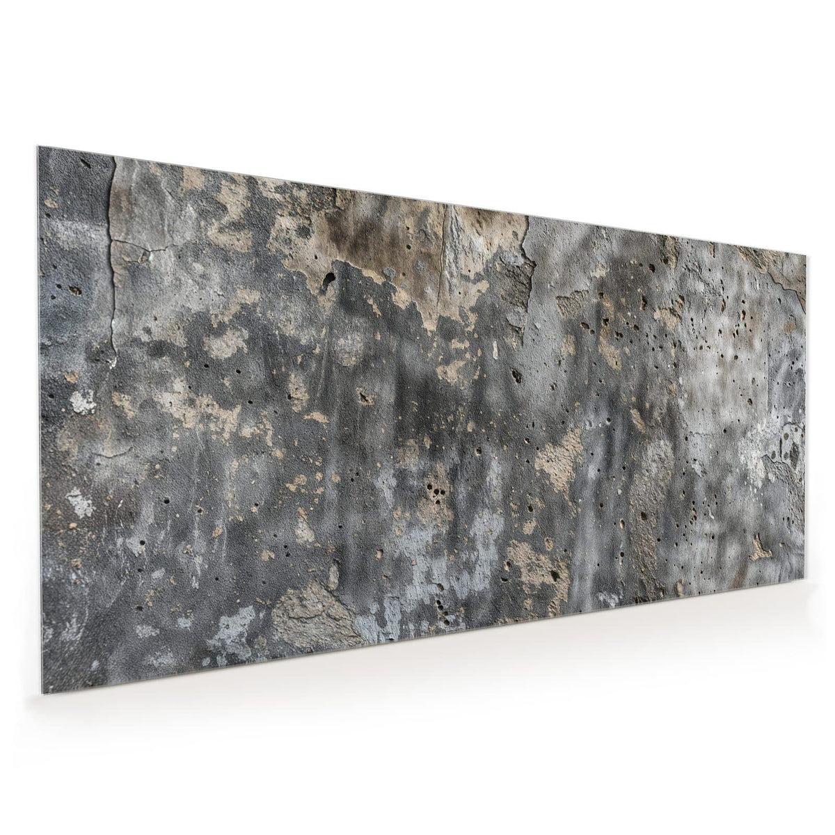 Küchenrückwand aus Glas im Hochformat mit Motiv Raue Betonwand: Verwitterter grauer Beton mit Poren, Lunkern und ockerfarbenen Ausbrüchen