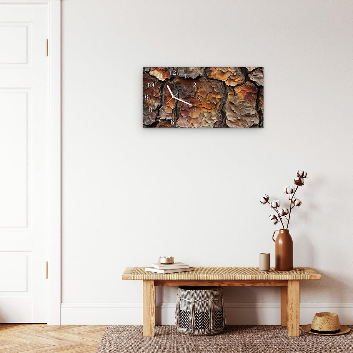 Moderne Wanduhr aus Glas mit Farbtiefe – Wanduhr Baumrindenstruktur aus Glas – Querformat 60 × 30 cm