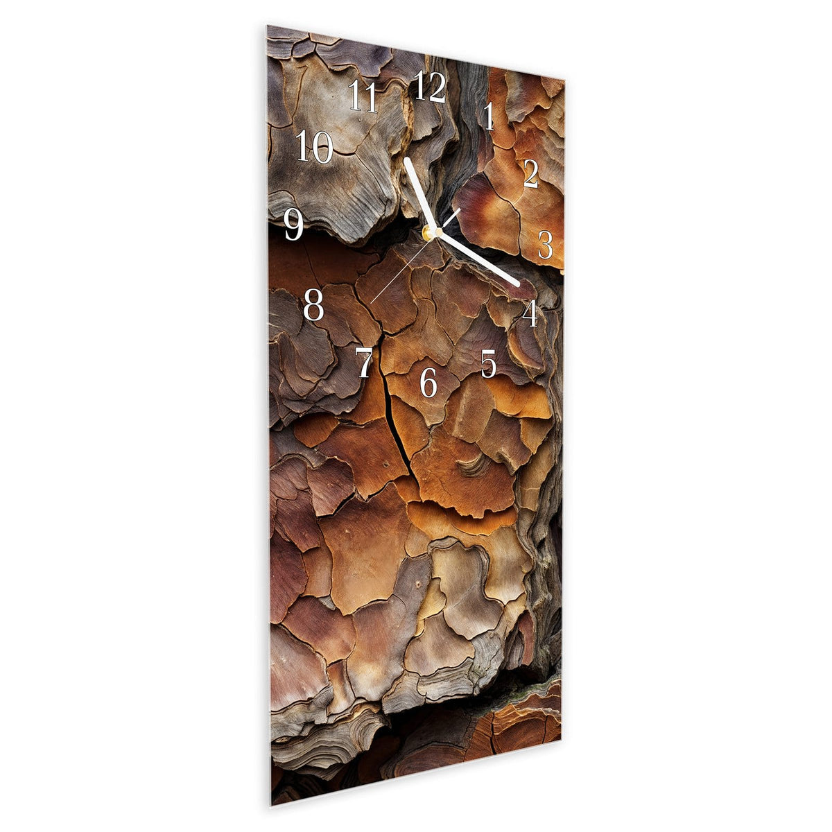 Vormontiert – mit Schwebeeffekt – Wanduhr Baumrindenstruktur aus Glas – Hochformat 30 × 60 cm
