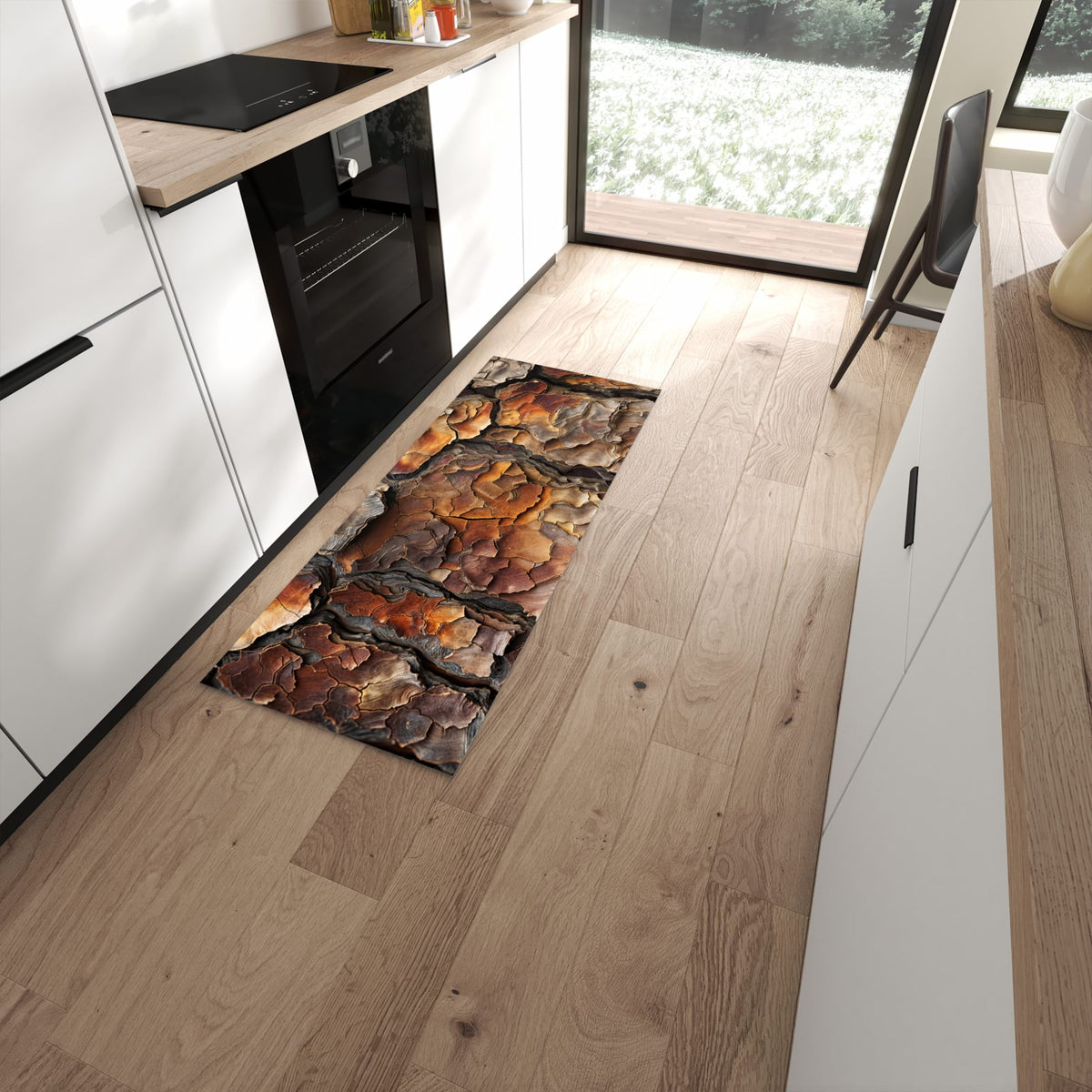 Formstabiler rutschfester Küchenläufer mit Motiv Baumrindenstruktur in moderner Küche #grösse_60 x 150 cm