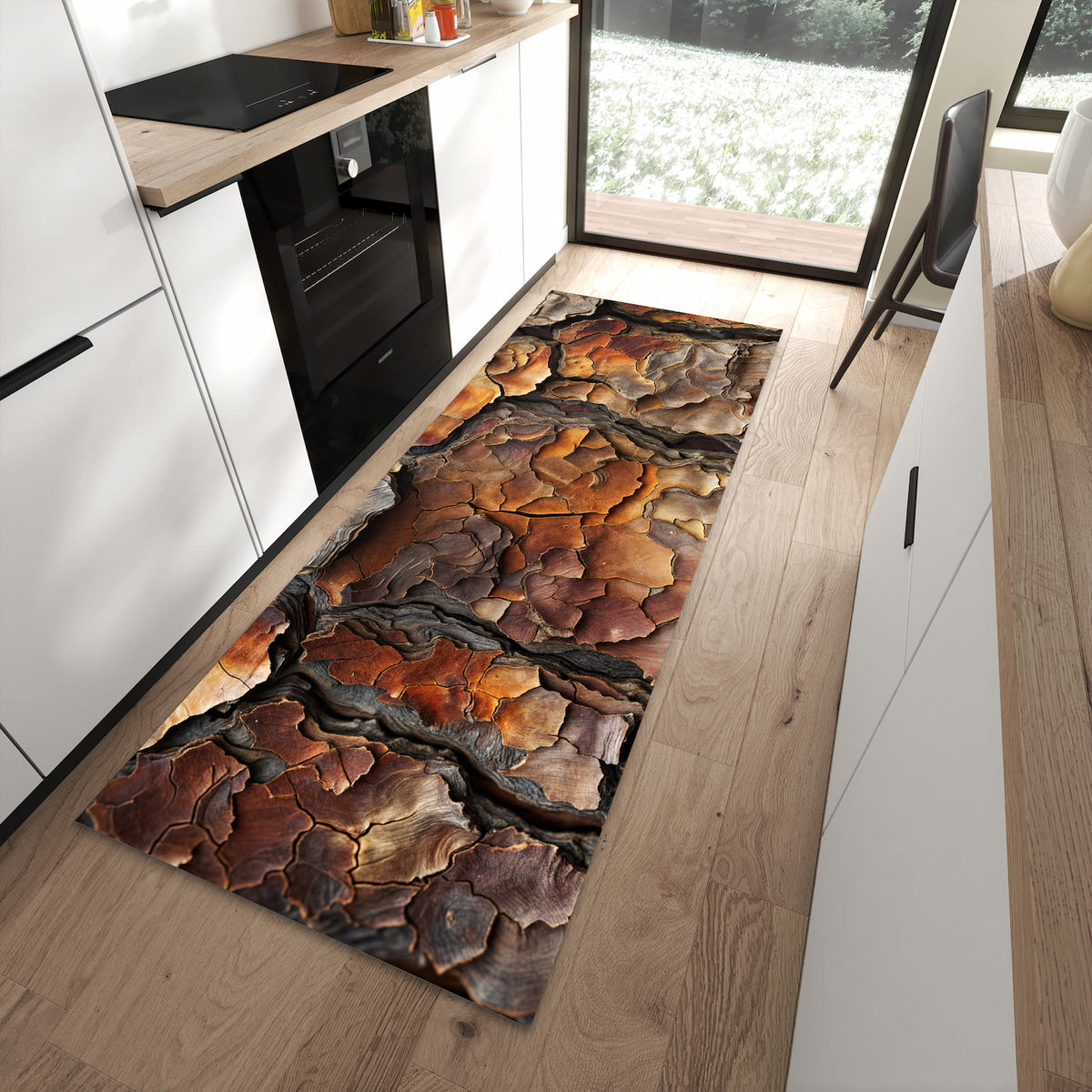 Langlebiger Küchenteppich mit Motiv Baumrindenstruktur in moderner Küche