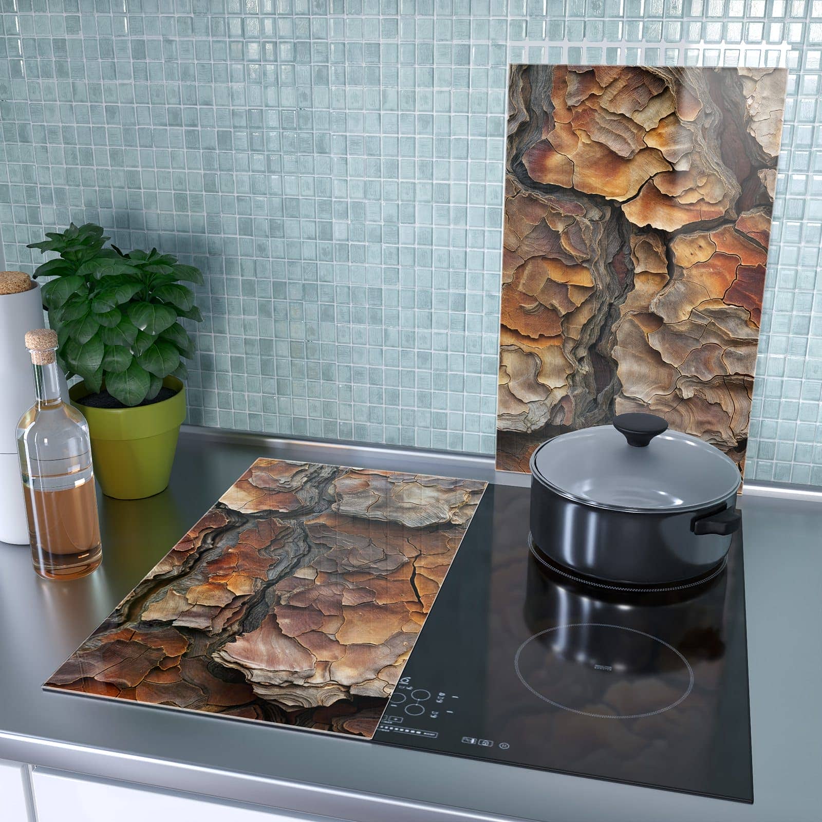 2-teilige Abdeckung für Herdplatten mit Baumrindenstruktur-Motiv als Spritzschutz hinter dem Kochfeld