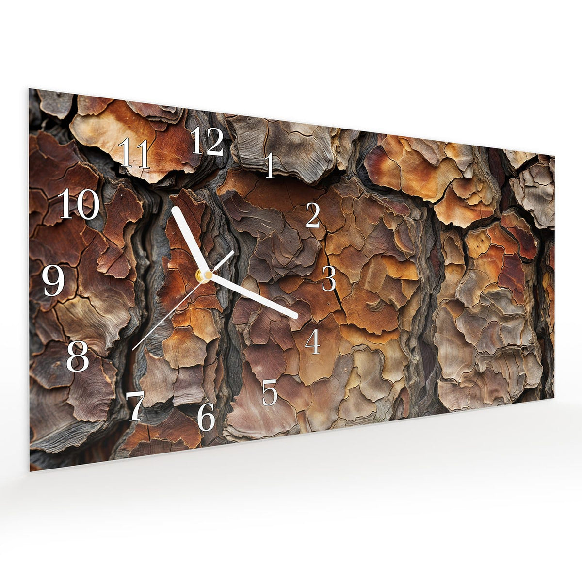 Vormontiert – mit Schwebeeffekt – Wanduhr Baumrindenstruktur aus Glas – Querformat 60 × 30 cm
