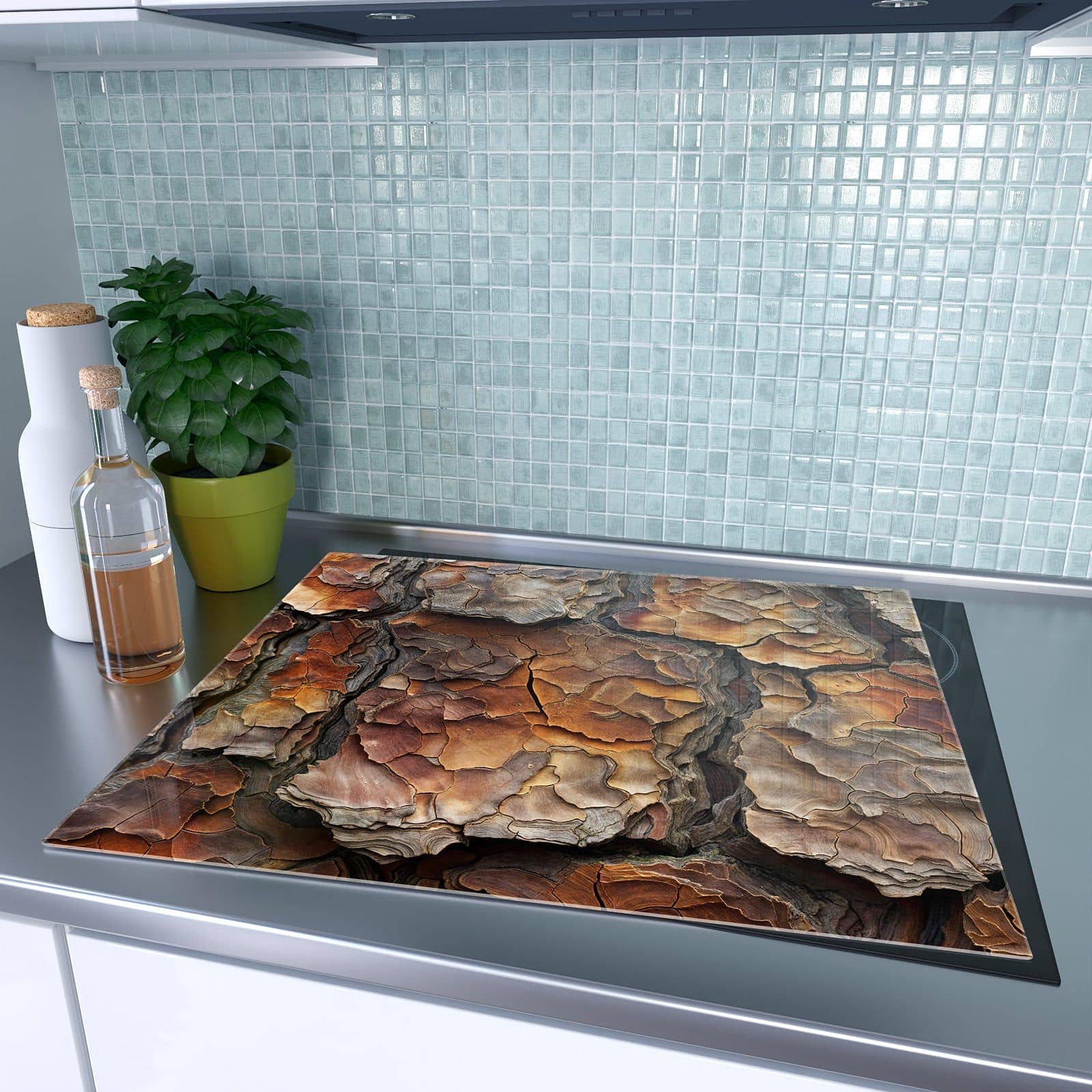 1-teilige Abdeckplatte Induktionsherd mit Baumrindenstruktur-Motiv auf dem Ceranfeld