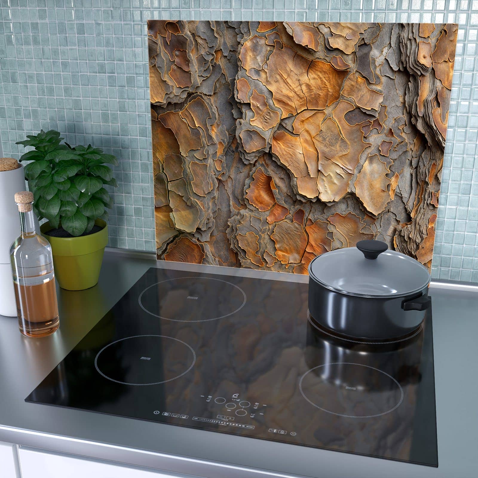 1-teilige Herdabdeckplatten aus Glas mit Rinde Struktur Formen-Motiv als Spritzschutz hinter dem Kochfeld