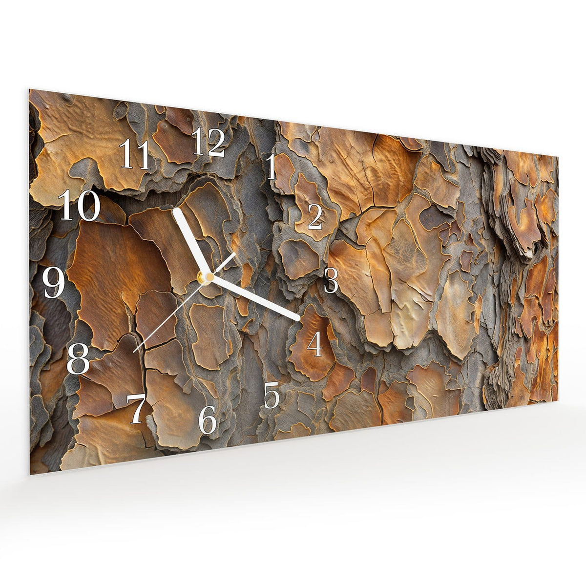 Vormontiert – mit Schwebeeffekt – Wanduhr Rinde Struktur Formen aus Glas – Querformat 60 × 30 cm