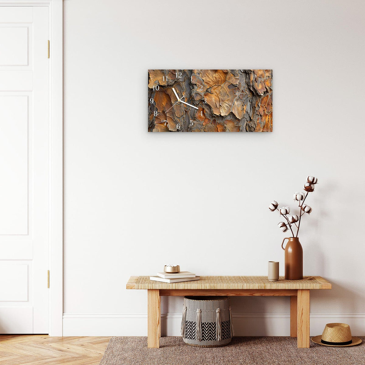 Moderne Wanduhr aus Glas mit Farbtiefe – Wanduhr Rinde Struktur Formen aus Glas – Querformat 60 × 30 cm