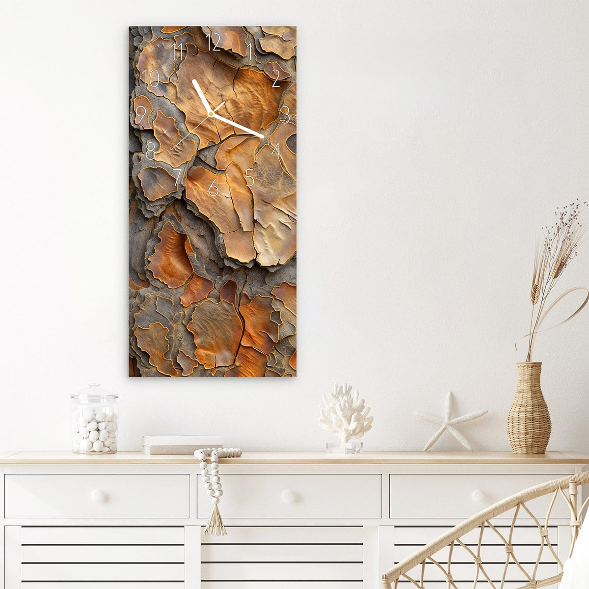 Wanduhr Rinde Struktur Formen aus Glas – Hochformat 30 × 60 cm – Baumrinde in Braun und Grau