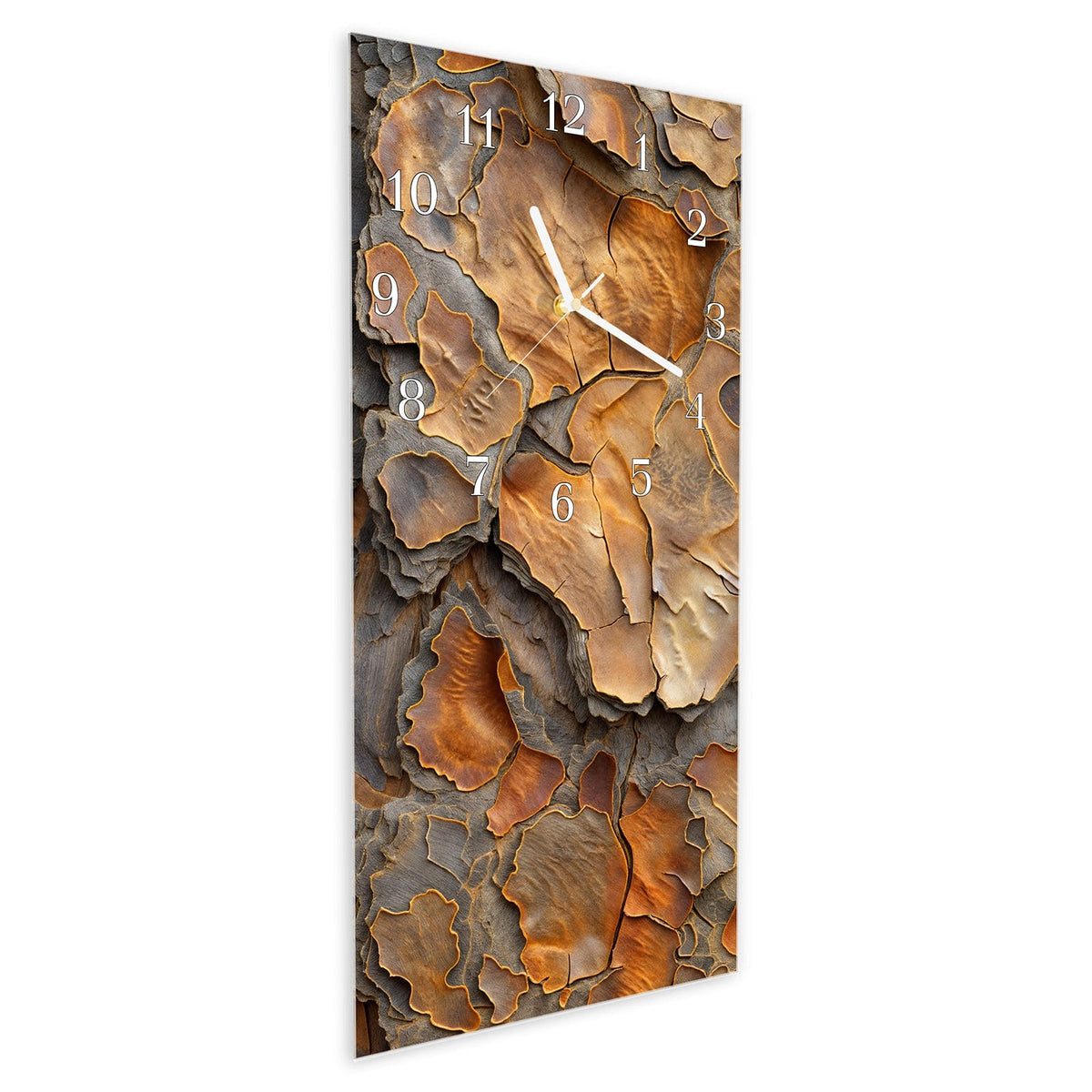 Vormontiert – mit Schwebeeffekt – Wanduhr Rinde Struktur Formen aus Glas – Hochformat 30 × 60 cm
