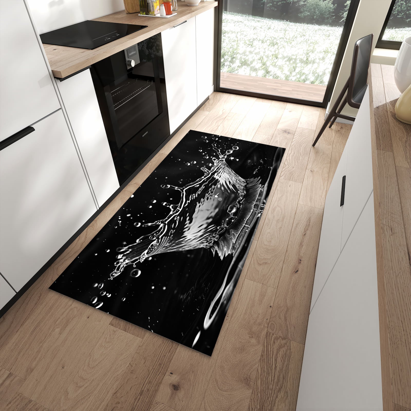 Flacher Bodenläufer mit Motiv Sanfte Wasserspritzer in moderner Küche