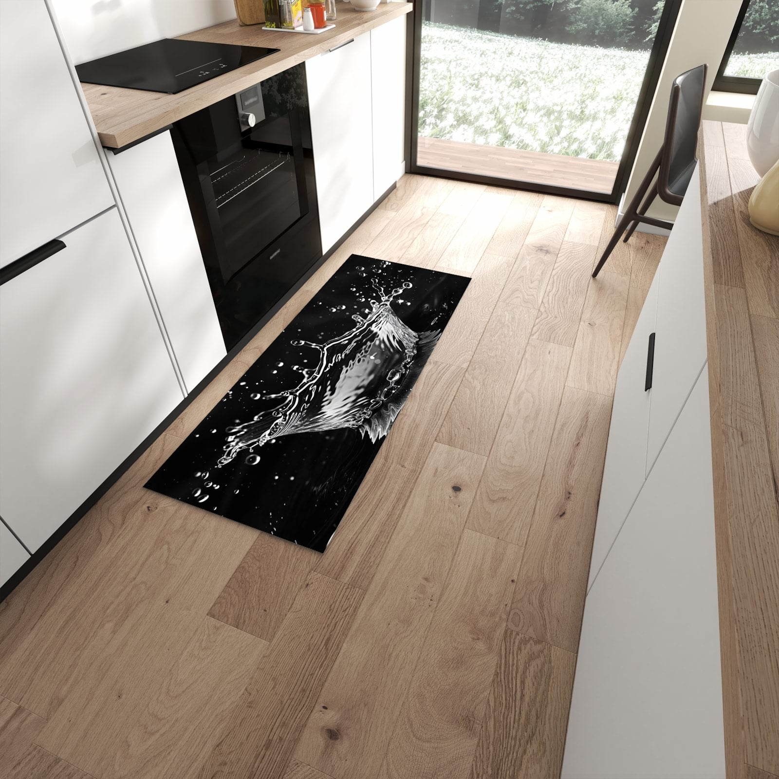 Zeitsparender langer Teppich mit Motiv Sanfte Wasserspritzer in moderner Küche #grösse_60 x 150 cm