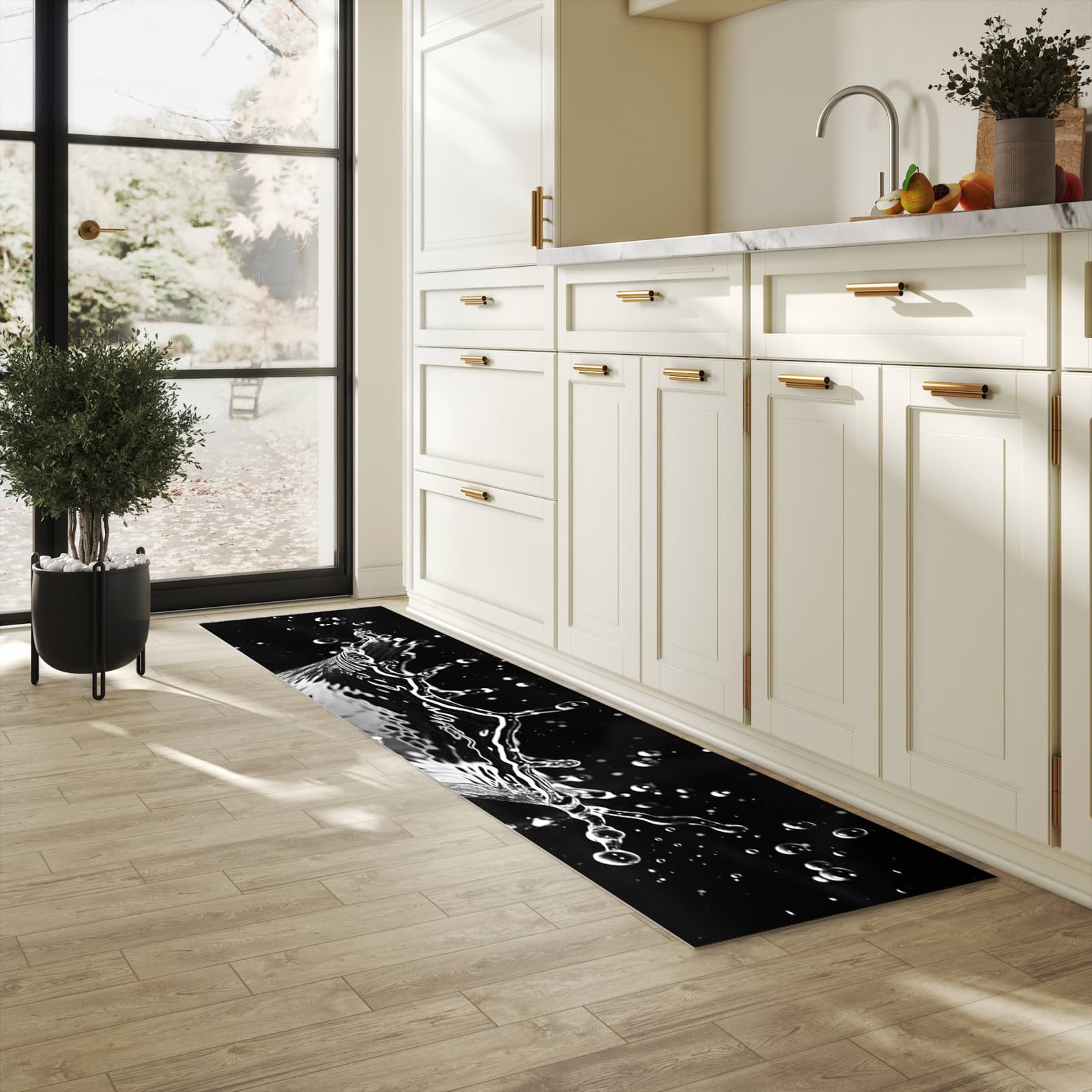 Pflegeleichter moderner Küchenläufer mit Motiv Sanfte Wasserspritzer in heller Küche