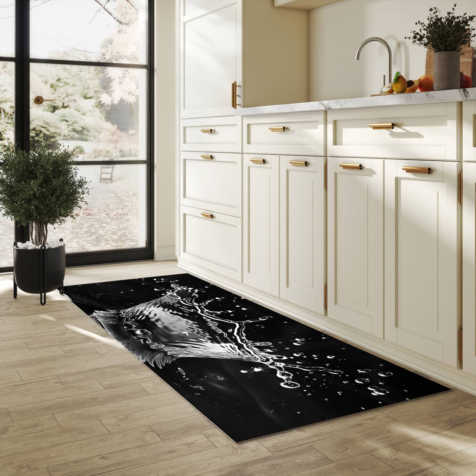 Bodenschonender Küchenteppich mit Motiv Sanfte Wasserspritzer in heller Küche
