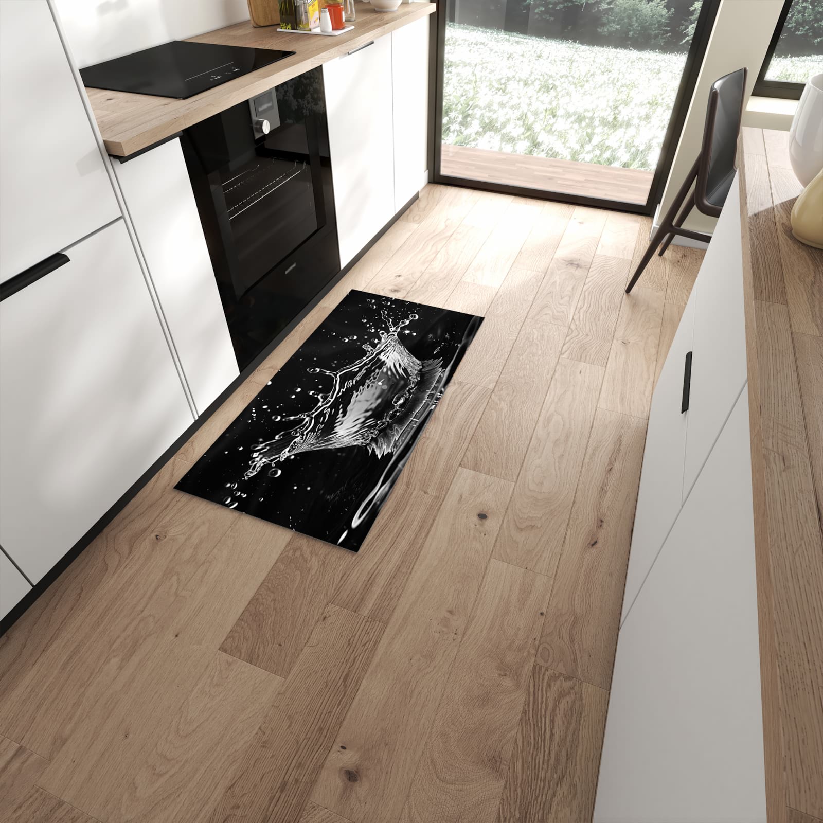 Waschbarer Küchenläufer mit Motiv Sanfte Wasserspritzer in moderner Küche für sichere Aufbewahrung #grösse_60 x 120 cm