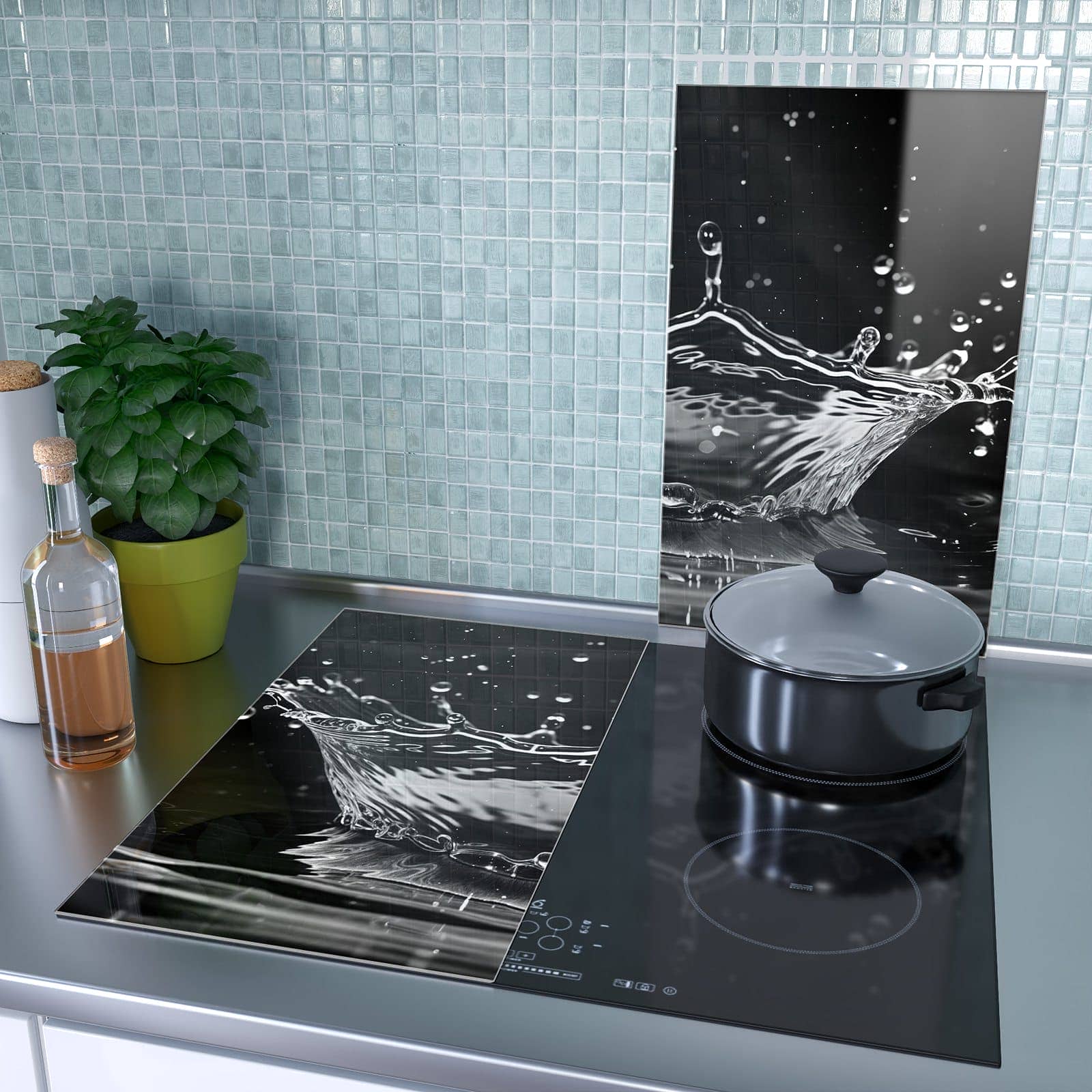 2-teilige Glasabdeckplatte für Ceranfeld mit Sanfte Wasserspritzer-Motiv als Spritzschutz hinter dem Kochfeld