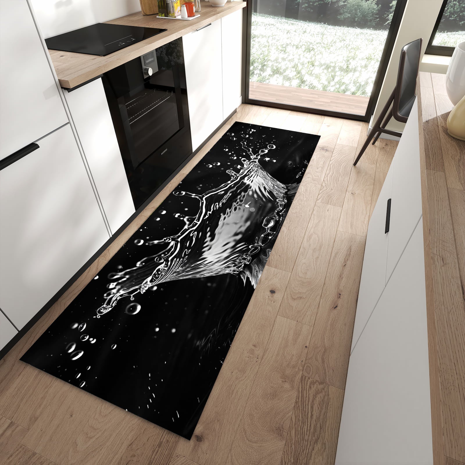 Schmutzabweisender Teppich für Esstisch mit Motiv Sanfte Wasserspritzer in moderner Küche