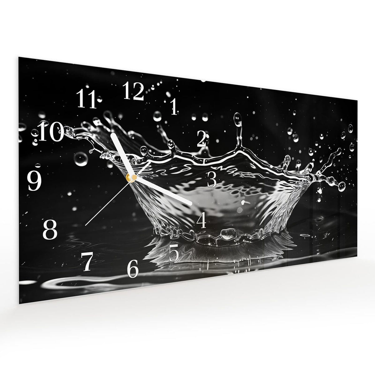 Vormontiert – mit Schwebeeffekt – Wanduhr Sanfte Wasserspritzer aus Glas – Querformat 60 × 30 cm