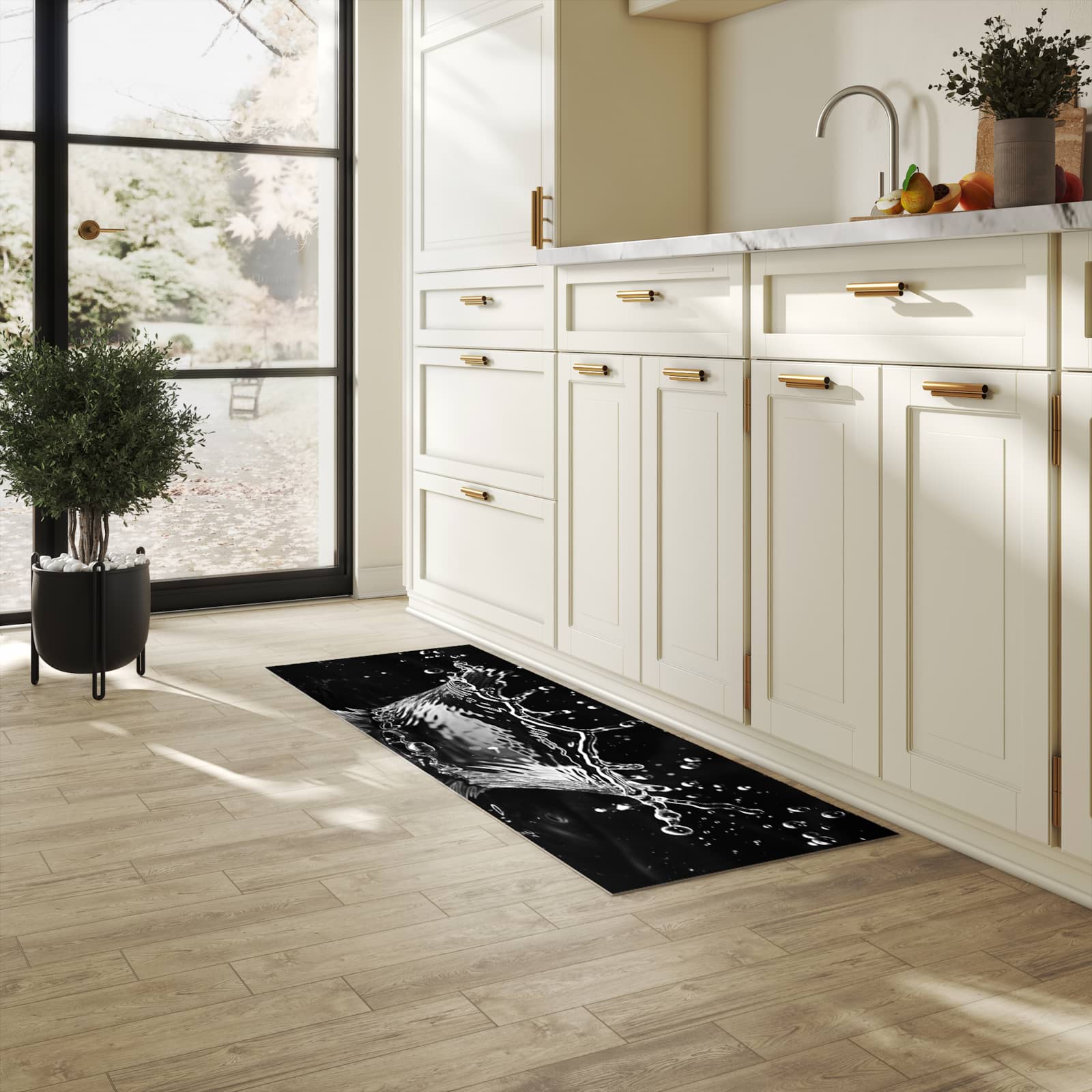 Komfortabler Küchenläufer nach Maß mit Motiv Sanfte Wasserspritzer in heller Küche