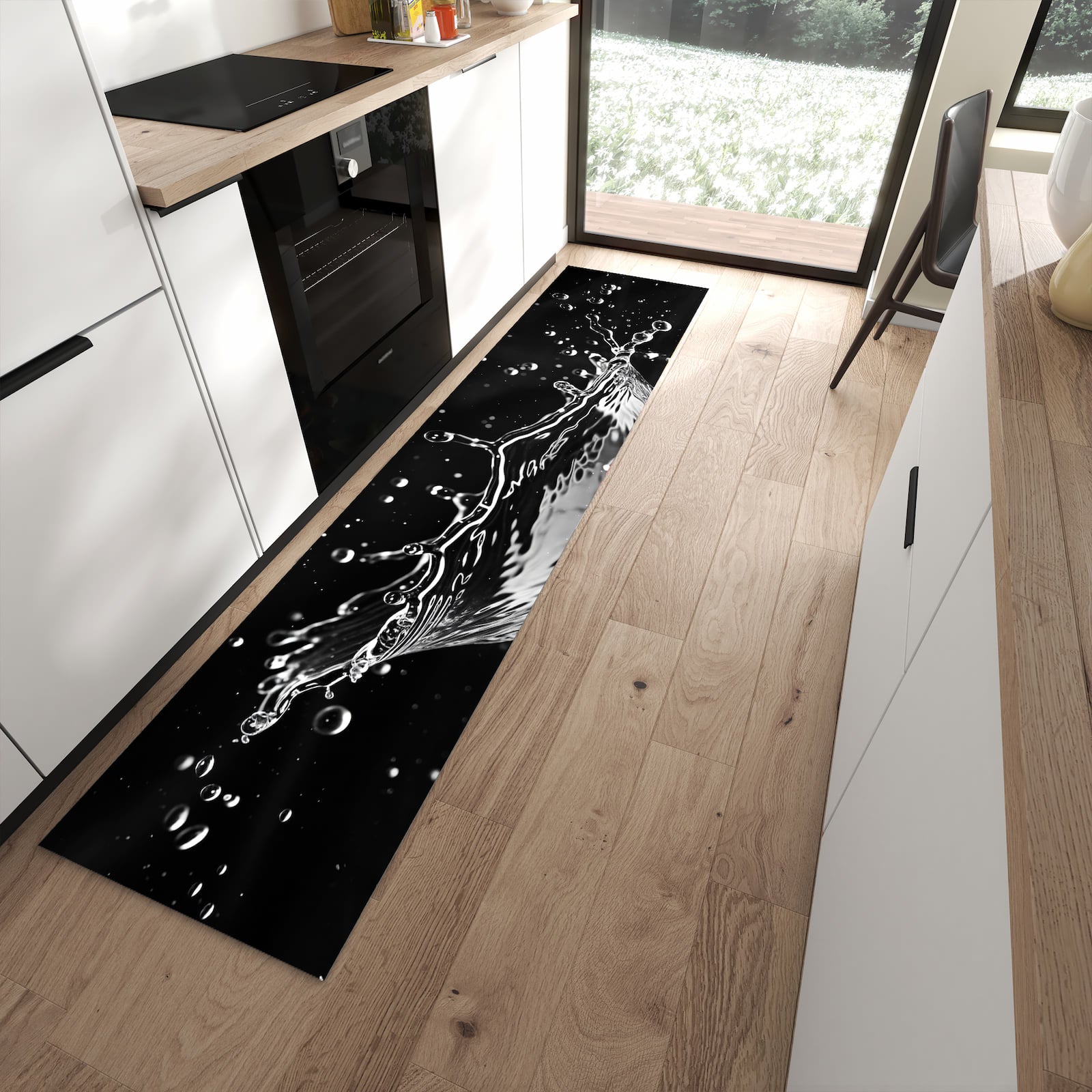 UV-beständiger dünner Teppich mit Motiv Sanfte Wasserspritzer in moderner Küche
