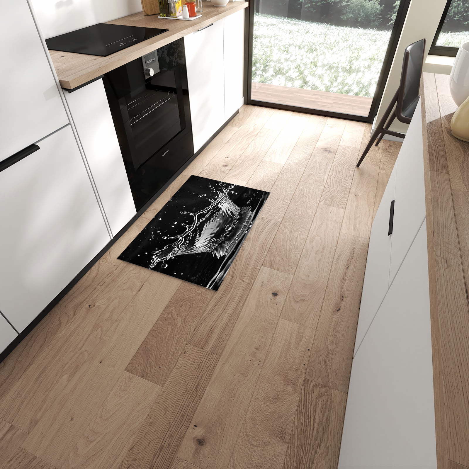 Waschbarer dünner Küchenteppich mit Motiv Sanfte Wasserspritzer in moderner Küche