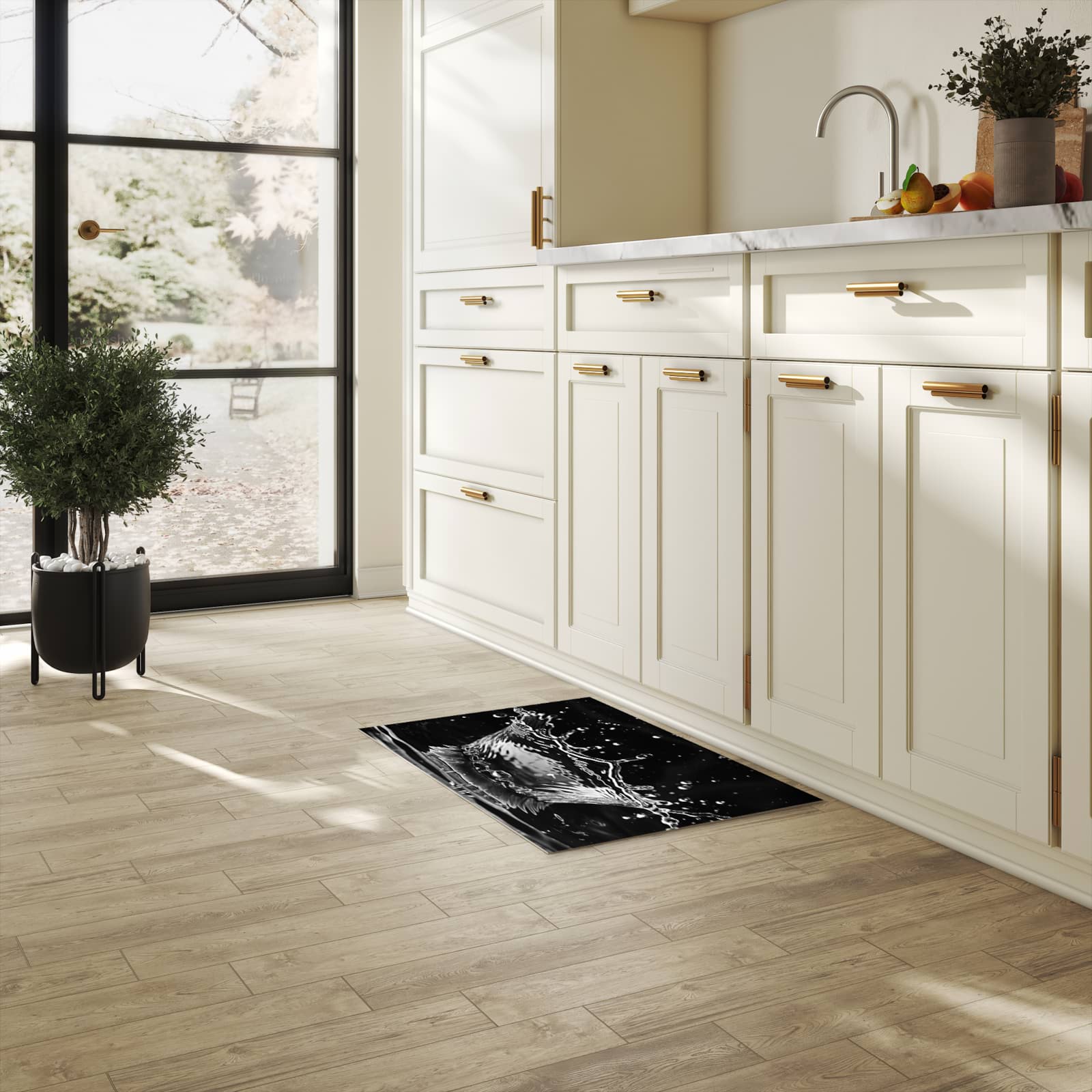 Hygienischer Küchenteppich mit Motiv Sanfte Wasserspritzer in heller Küche - abwaschbar