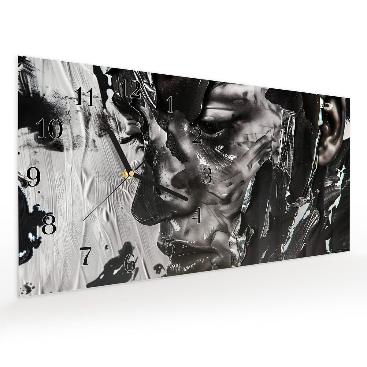 Vormontiert – mit Schwebeeffekt – Wanduhr Abstraktes Porträt aus Glas – Querformat 60 × 30 cm