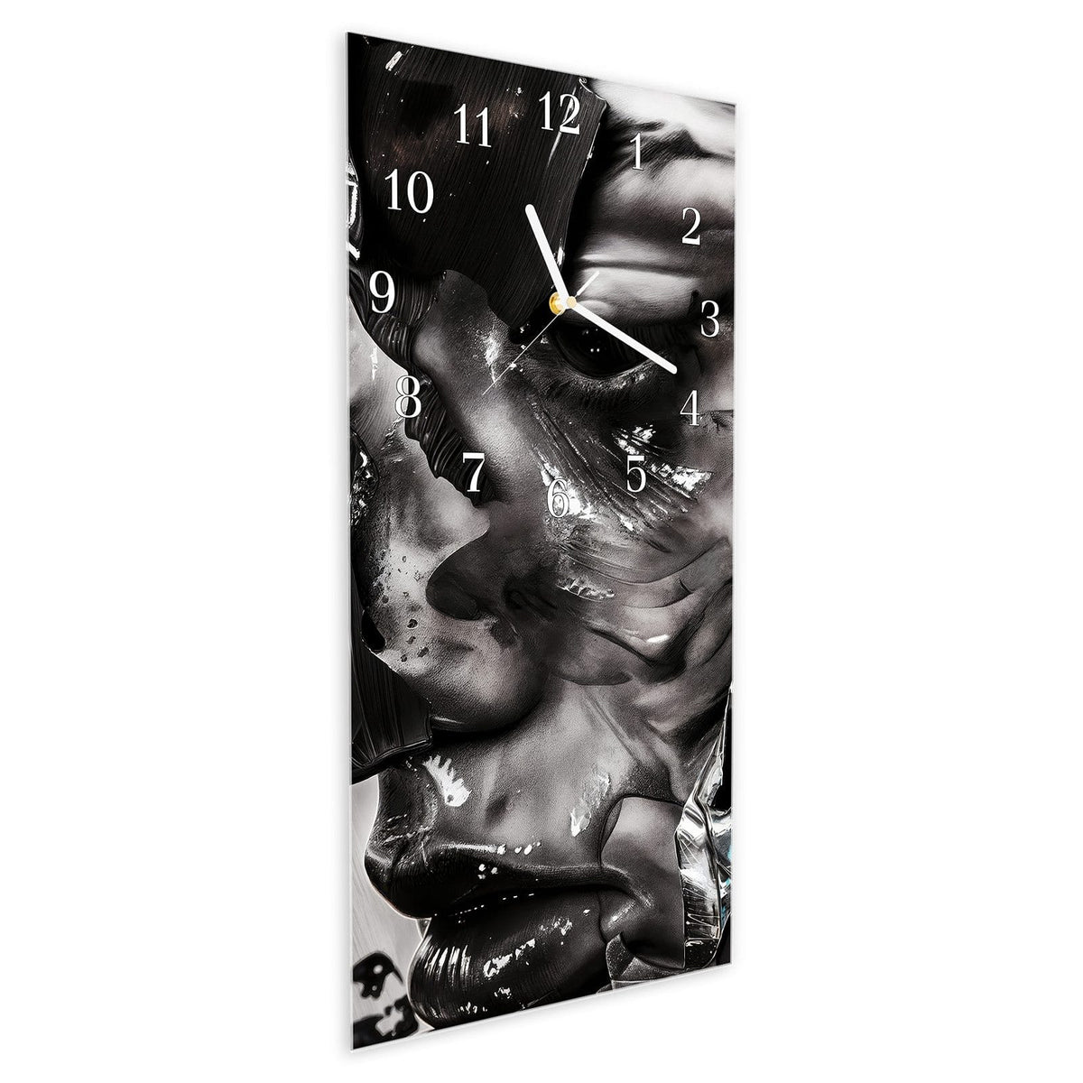Vormontiert – mit Schwebeeffekt – Wanduhr Abstraktes Porträt aus Glas – Hochformat 30 × 60 cm