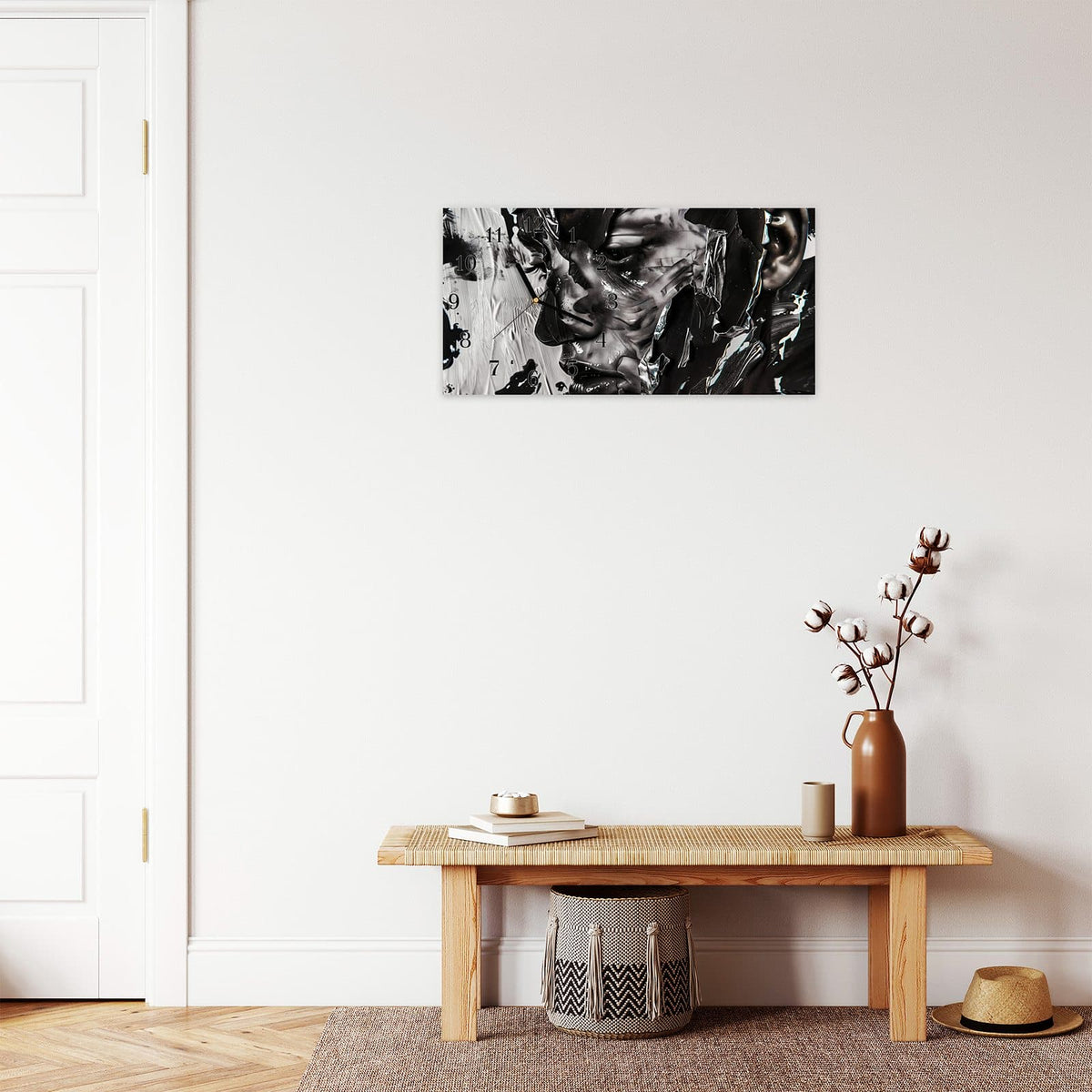Moderne Wanduhr aus Glas mit Farbtiefe – Wanduhr Abstraktes Porträt aus Glas – Querformat 60 × 30 cm