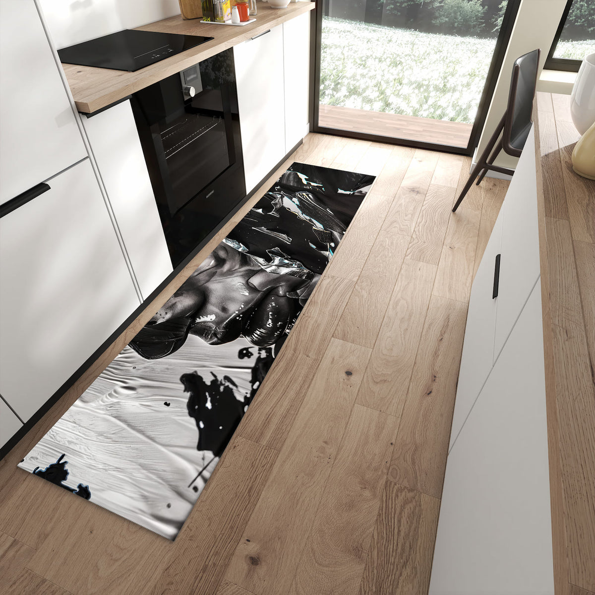 Strapazierfähiger Läufer für die Küche mit Motiv Abstraktes Porträt in moderner Küche