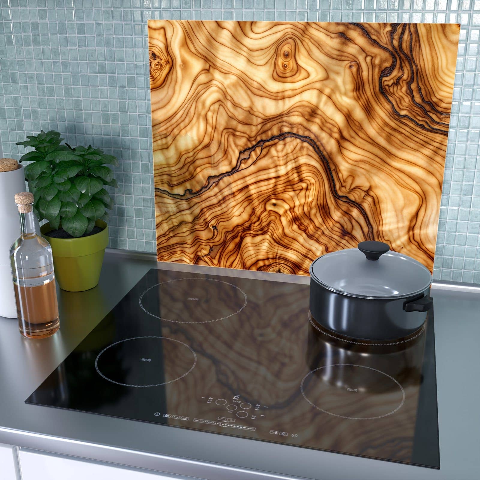 1-teilige Herdabdeckung für Induktionsfeld mit Rustikales Holz-Motiv als Spritzschutz hinter dem Kochfeld