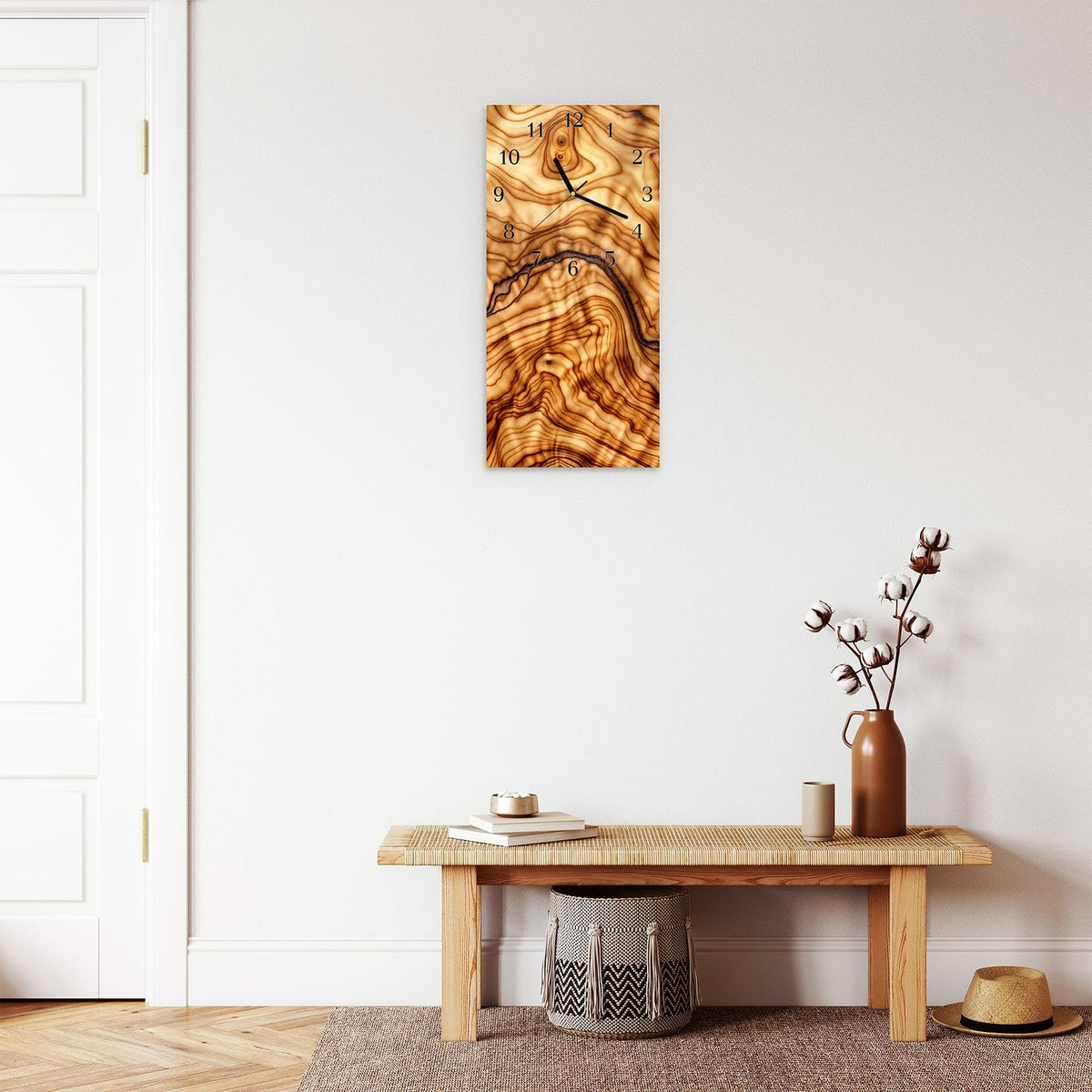 Moderne Wanduhr aus Glas mit Farbtiefe – Wanduhr Rustikales Holz aus Glas – Hochformat 30 × 60 cm