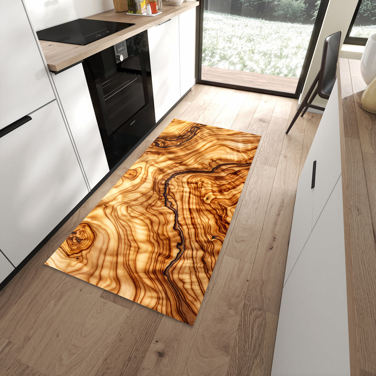 Komfortabler Küchenteppich mit Motiv Holzmuster in moderner Küche