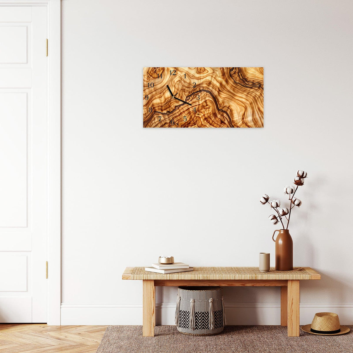 Moderne Wanduhr aus Glas mit Farbtiefe – Wanduhr Rustikales Holz aus Glas – Querformat 60 × 30 cm