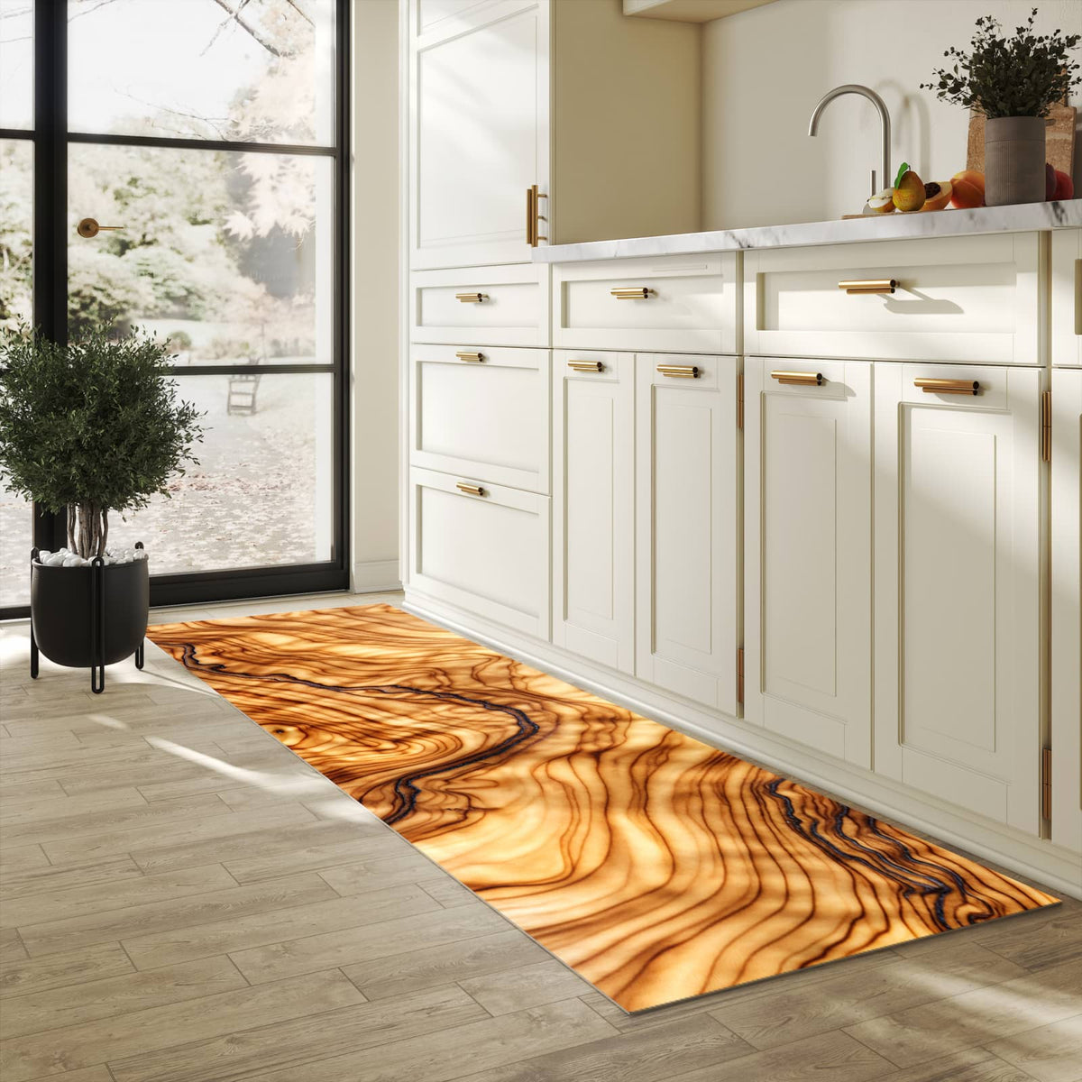 Feuchtigkeitsresistenter Küchenteppich mit Motiv Holzmuster in heller Küche
