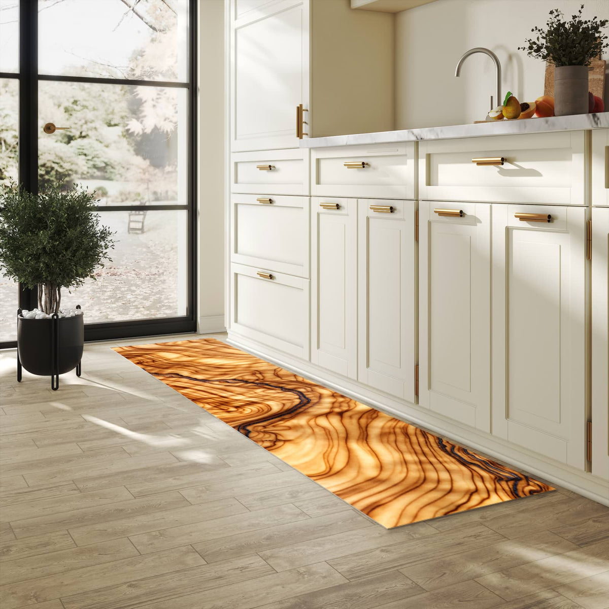Hygienischer Teppich fürs Esszimmer mit Motiv Holzmuster in heller Küche