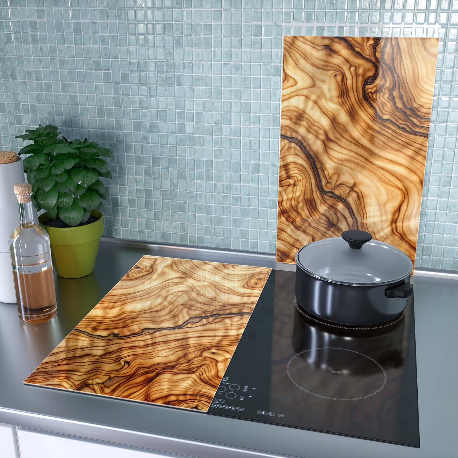 2-teilige Herdabdeckplatte mit Rustikales Holz-Motiv als Spritzschutz hinter dem Kochfeld