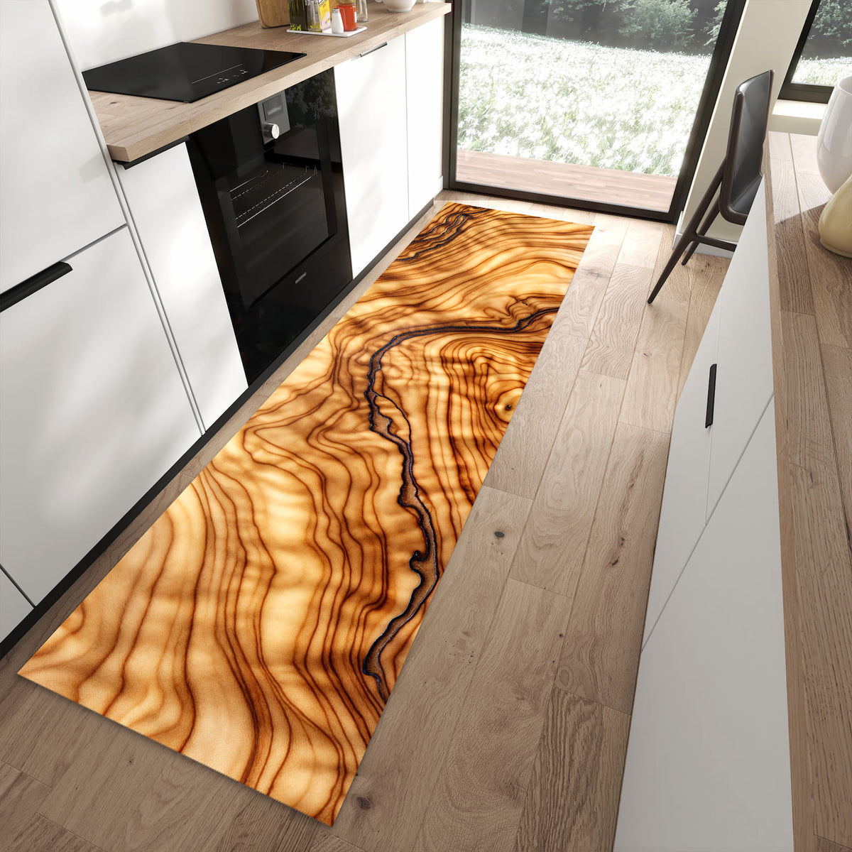 Flacher Küchenteppich mit Motiv Holzmuster in moderner Küche