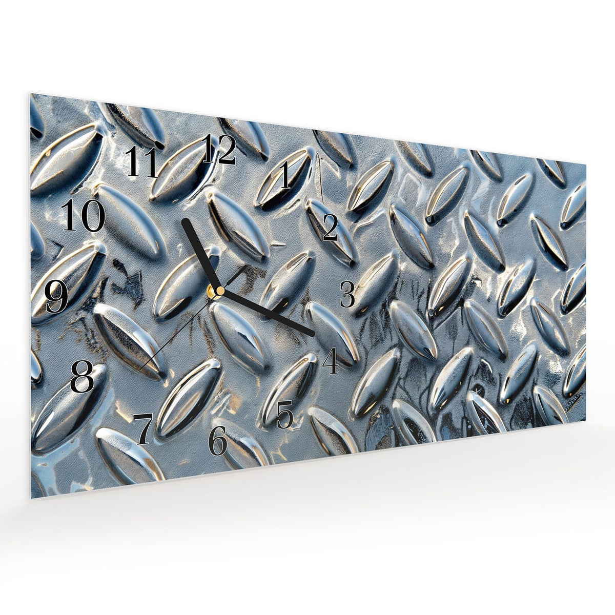 Vormontiert – mit Schwebeeffekt – Wanduhr Riffelblechmuster aus Glas – Querformat 60 × 30 cm