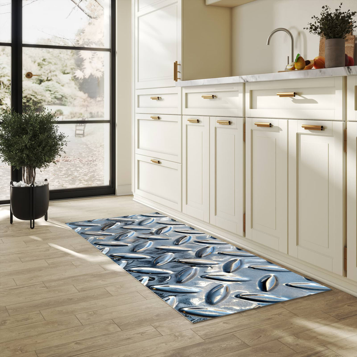 Fleckenresistenter Küchenläufer mit Motiv Riffelblechmuster in heller Küche