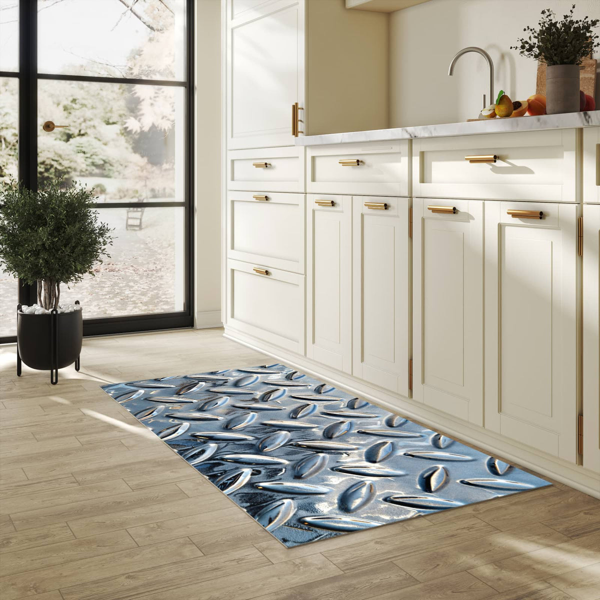 Flacher Küchenläufer mit Motiv Riffelblechmuster in heller Küche für lange Teppiche