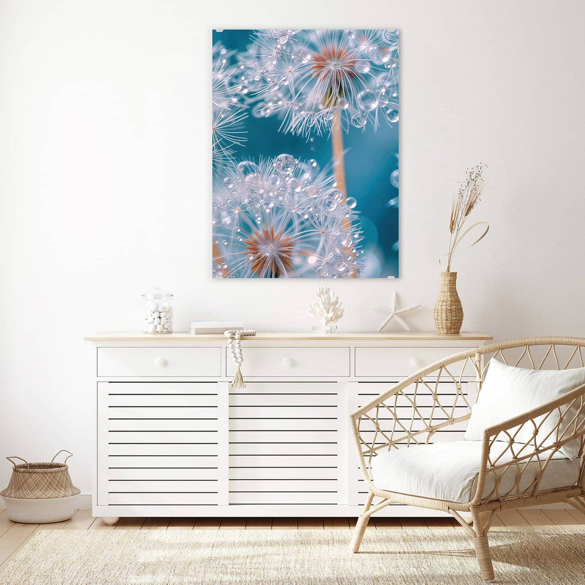 Aufhängung liegt bei – Motiv später wechselbar – Wandbild - Pusteblumen mit Tropfen - Hochformat