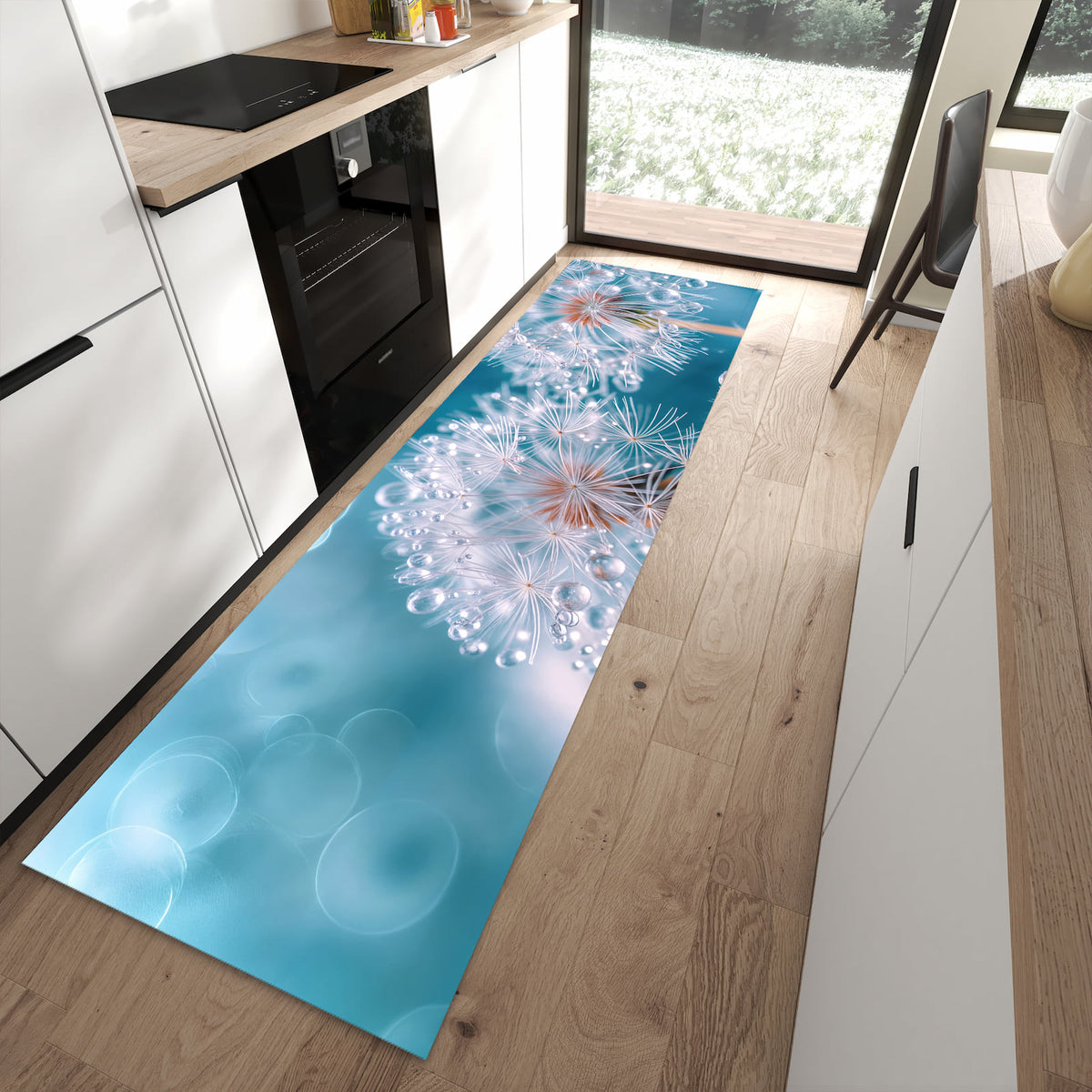 Flacher Küchenläufer mit Motiv Wassertropfen Pusteblume in moderner Küche
