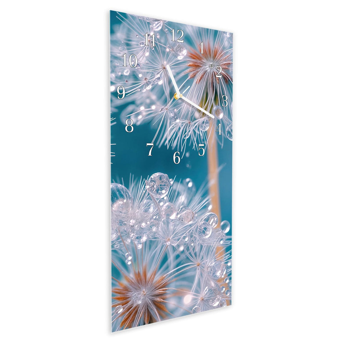 Vormontiert – mit Schwebeeffekt – Wanduhr Wassertropfen Pusteblume aus Glas – Hochformat 30 × 60 cm