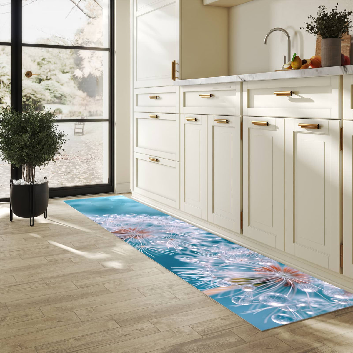 Langlebiger Küchenläufer mit Motiv Wassertropfen Pusteblume in heller Küche