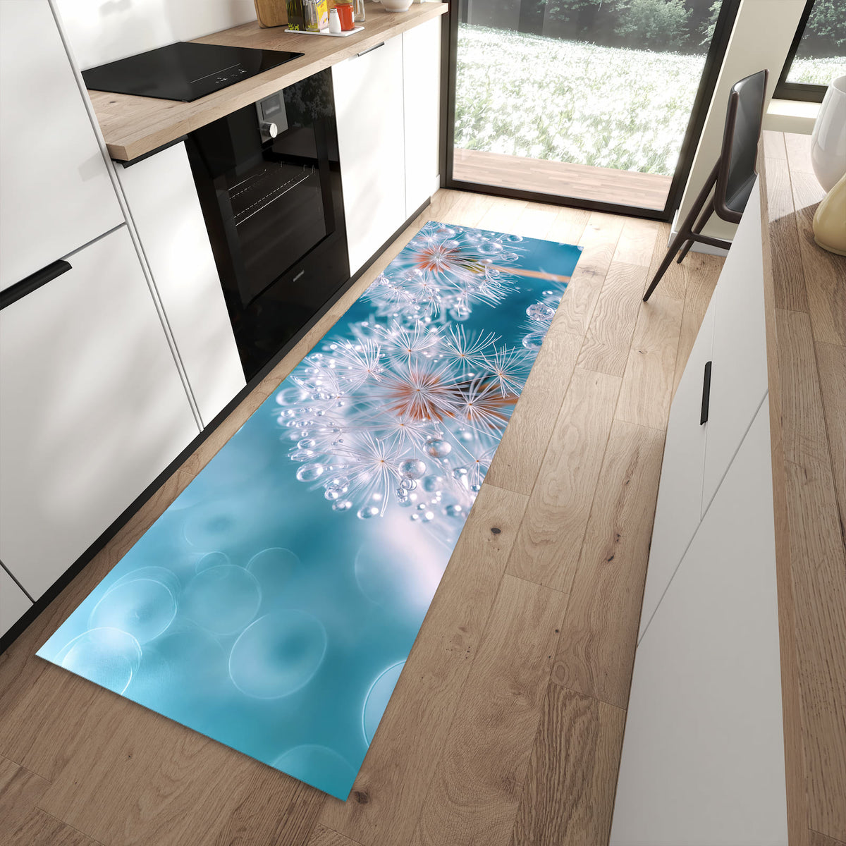Langlebiger Küchenläufer mit Motiv Wassertropfen Pusteblume in moderner Küche