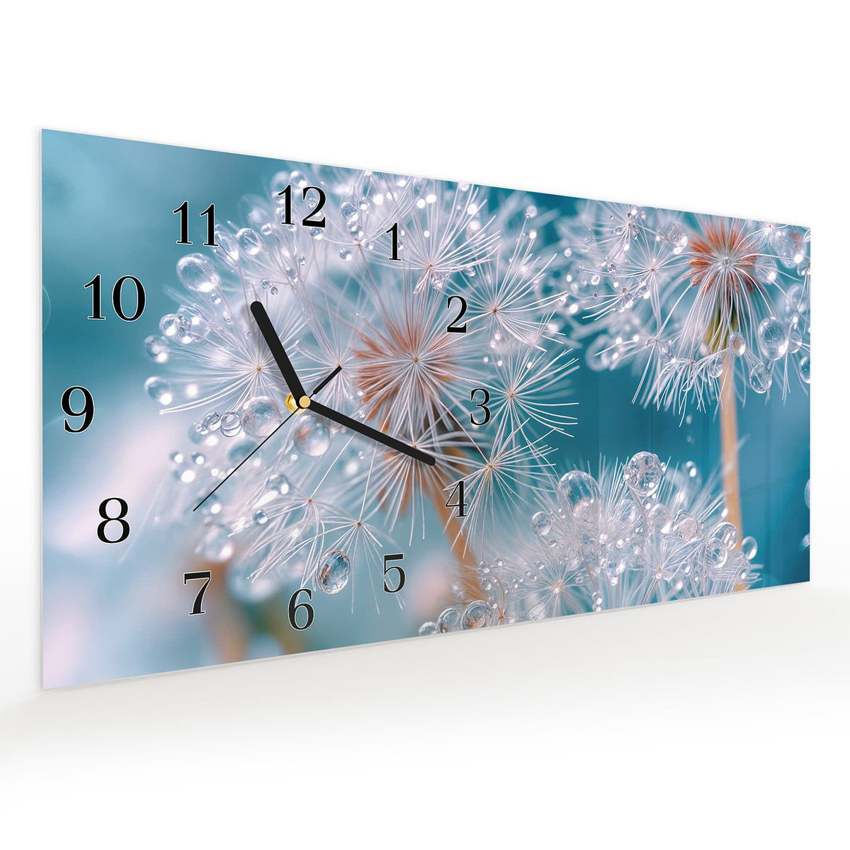 Vormontiert – mit Schwebeeffekt – Wanduhr Wassertropfen Pusteblume aus Glas – Querformat 60 × 30 cm