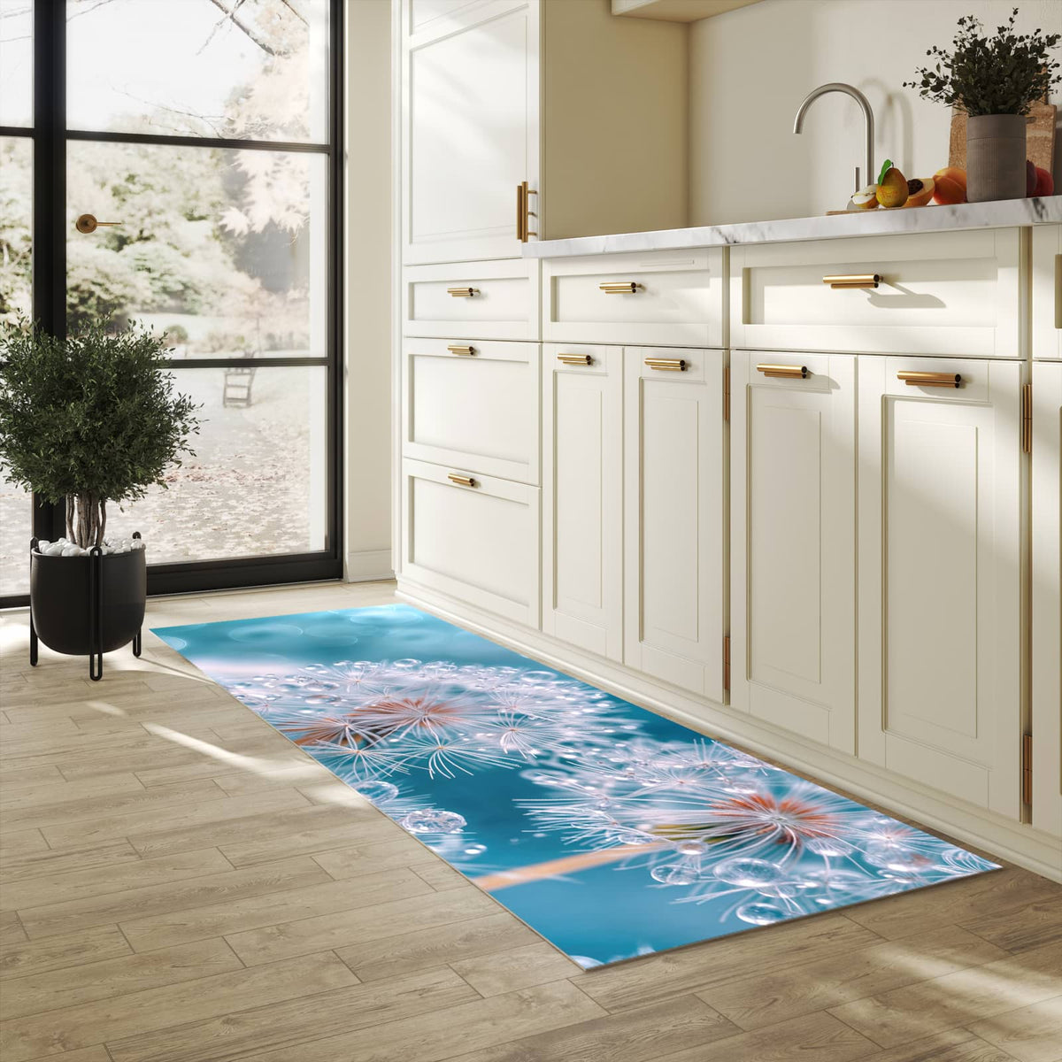 Bodenschonender Küchenteppich mit Motiv Wassertropfen Pusteblume in heller Küche