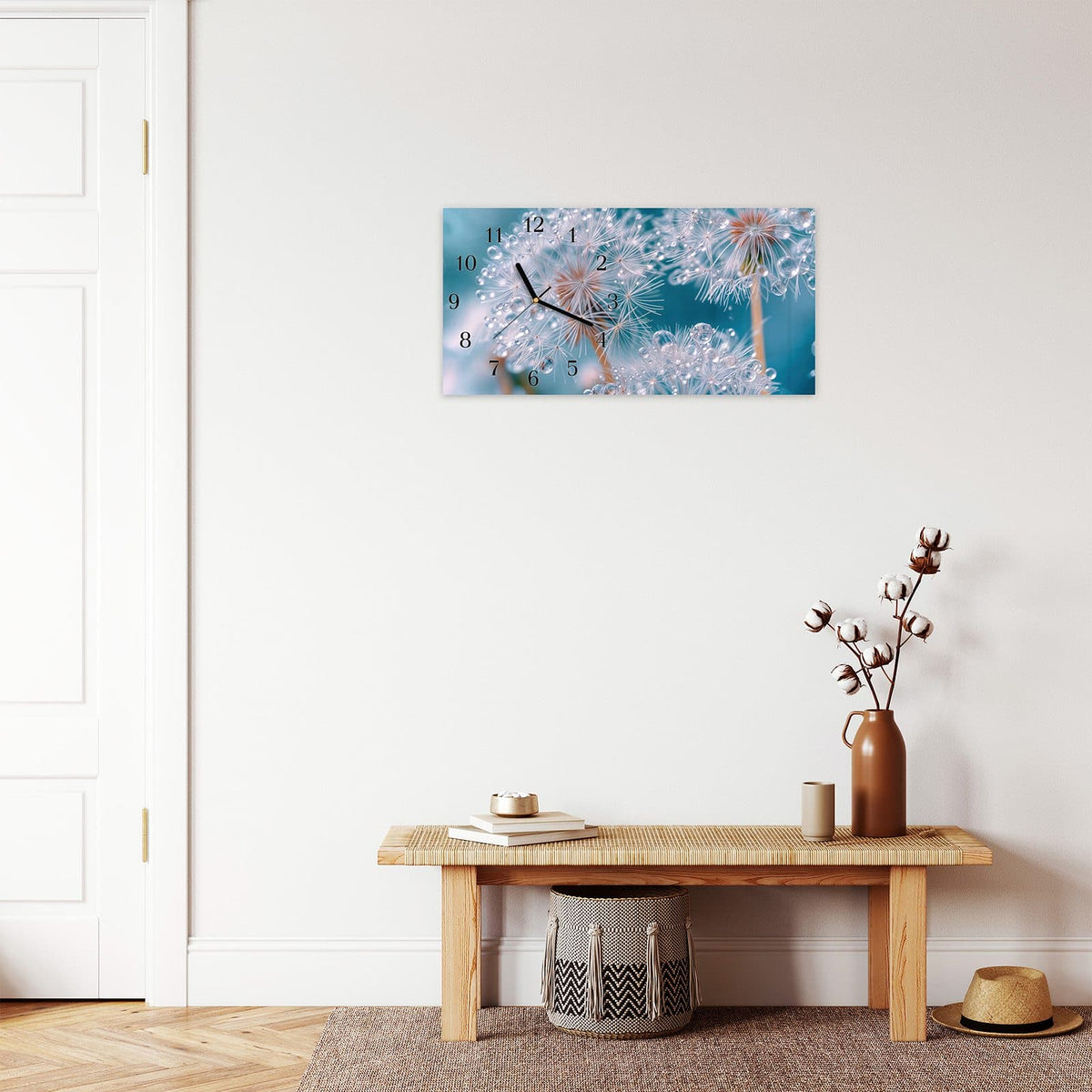 Moderne Wanduhr aus Glas mit Farbtiefe – Wanduhr Wassertropfen Pusteblume aus Glas – Querformat 60 × 30 cm