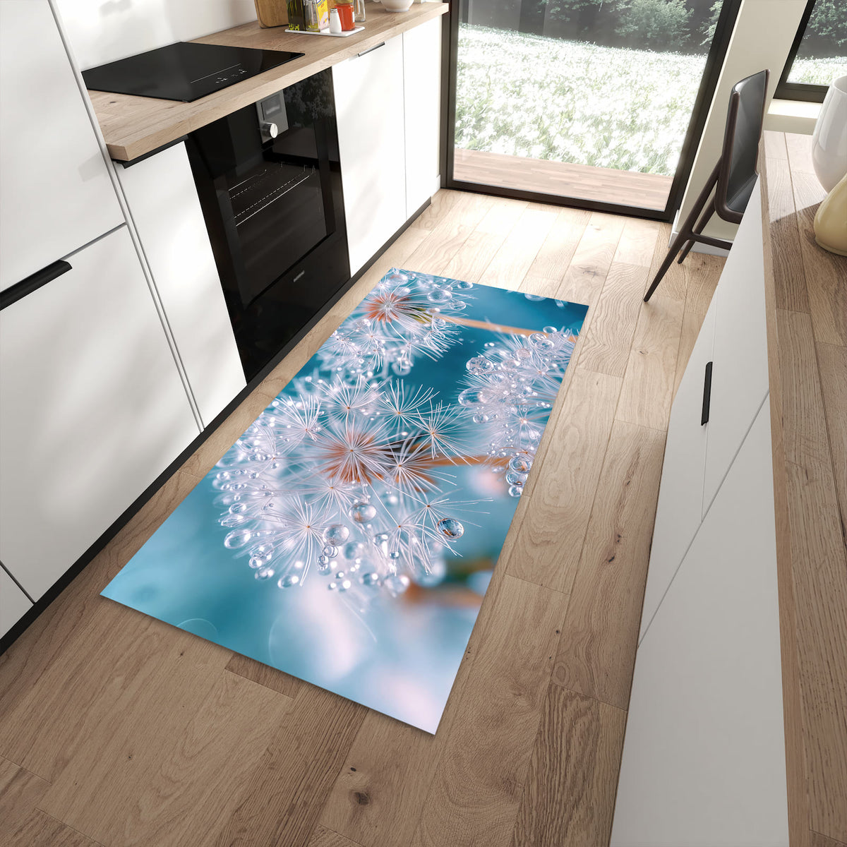 Waschbarer Küchenteppich mit Motiv Wassertropfen Pusteblume in moderner Küche