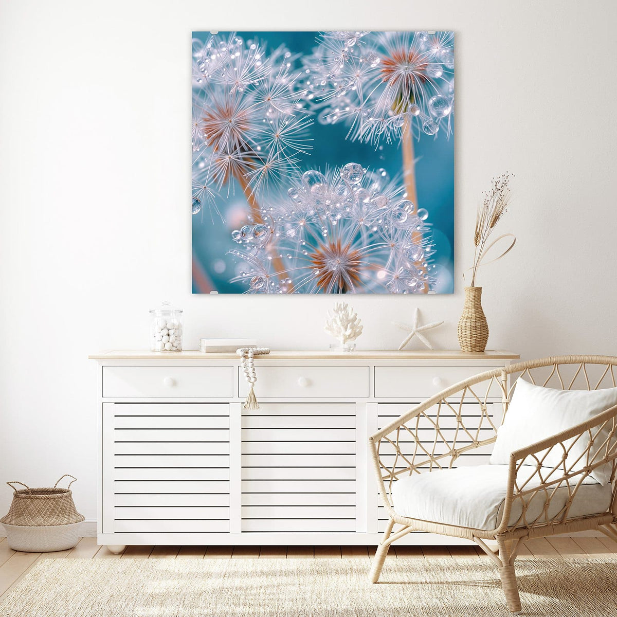 Echtglas, 4 mm – kein Acryl, keine Folie – Wandbild - Pusteblumen mit Tropfen - Quadratisch